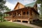 log cabin with wrap-around porch and rocking chairs
