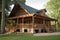 log cabin with wrap-around porch and rocking chairs