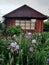 Log house in cottage flower garden