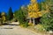 Log Shotgun Cabin Shack In Fall with Changing Leaves and a Dirt