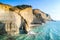Logas Beach and amazing rocky cliff in Peroulades. Corfu. Greece