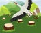 Logging forest with felled trees vector illustration hand drawn. Stumps remaining after cutting. Flying stork close up.