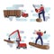 Logging, loading and transportation of wood, logs. Special equipment for the logging industry. Icon set