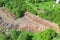 Logging, log cabin trunks of conifers, top aerial view