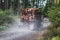 Logging truck hauling a full load down a dusty dirt road