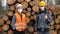 Logging workers posing. They are wearing masks looking at the camera.