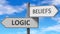 Logic and beliefs as a choice - pictured as words Logic, beliefs on road signs to show that when a person makes decision he can