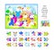 Logic game for children and adults. Find pieces of puzzle that fell out of picture. Page for kids brain teaser book. Task for