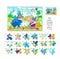 Logic game for children and adults. Find pieces of puzzle that fell out of picture. Page for kids brain teaser book. Task for