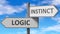 Logic and instinct as a choice - pictured as words Logic, instinct on road signs to show that when a person makes decision he can