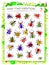 Logic puzzle game for children and adults. Find two identical bugs. Printable page for kids brain teaser book.