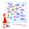 Logic puzzle game for children and adults. Find two identical fish. Page for kids brain teaser book. Memory exercises for seniors