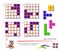 Logic puzzle game for children and adults. Need to find correct place for 4 remaining details in each of squares. Page for kids