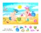 Logic puzzle game for kids. Find 10 objects hidden in the picture. Little children playing on the beach in summer. Educational