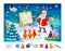 Logic puzzle game for kids. Find 8 objects hidden in the picture. Funny Santa Claus painting winter forest. Educational page. Play