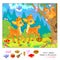 Logic puzzle game for kids. Find 9 objects hidden in the picture. Cute little deer playing in forest. Educational page for