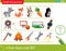 Logic puzzle for kids. What does not fit? Animals. Sports equipment. Household tools. Matching game, education game for children.