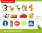 Logic puzzle for kids. What does not fit? Birds. Transport. Road signs. Education game for children. Worksheet vector design for