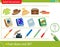 Logic puzzle for kids. What does not fit? Clothing or clothes. Books. Writing tools. Education game for children. Worksheet vector