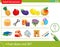 Logic puzzle for kids. What does not fit? Fruits. Birthday. School supplies. Education game for children. Worksheet vector design