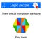 Logic puzzle. There are 26 triangles in the figure. Find them. Vector illustration. Flat design