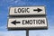 Logic vs emotion. White two street signs with arrow on metal pole with word