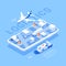 Logistic banner transportation cargo delivery smartphone application scheme service isometric vector
