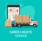 Logistic cargo courier or freight delivery service transportation via mobile phone or smartphone vector, flat shipping