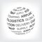 Logistic concept. Global logistics network. Globe with different association terms in gray.