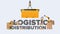 Logistic distribution banner. A crane lifts a cargo container. Lettering on an industrial theme. Carton boxes. Freight