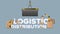 Logistic distribution banner. A crane lifts a cargo container. Lettering on an industrial theme. Carton boxes. Freight and