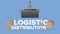 Logistic distribution banner. A crane lifts a cargo container. Lettering on an industrial theme. Carton boxes. Freight