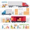 Logistic infographic elements set with transport, delivery, shipping, forklift truck in warehouse, storage loading