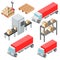 Logistic isometric objects, icons, cars and cargo equipment. Vector illustration EPS10.