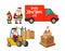 Logistic Santa Claus and elf with a gift. Forklift carries