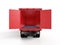 Logistic trailer truck or lorry with empty container open on white background