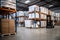 Logistics company, warehouse, cardboard boxes and shelves with parcels. Customs warehouse specialist. Warehouse delivery service.