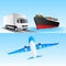 Logistics concept illustration, airplane, truck, train and cargo container ship