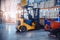 Logistics concept, industrial forklift in warehouse loader store