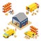 Logistics and delivery isometric concept set with warehouse building, workers with delivery boxes and cargo transport