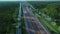 Logistics, delivery and transport of goods and parcels by means of transport, van and truck. Aerial view on highway with