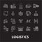 Logistics editable line icons vector set on black background. Logistics white outline illustrations, signs, symbols