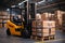 Logistics prowess Forklift efficiently loads pallets and boxes in warehouse