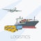 Logistics sign with plane, truck, container and ship