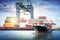 Logistics and transportation of Container Cargo ship with working crane bridge in seaport