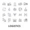 Logistics, transportation, warehouse, supply chain, truck, distribution, ship line icons. Editable strokes. Flat design