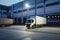 Logistics and transportation. White truck in the warehouse with boxes. for advertising