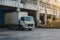 Logistics and transportation. White truck in the warehouse with boxes. for advertising