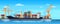 Logistics truck and transportation container ship. Cargo harbor port with industrial cranes. Shipping yard vector