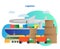 Logistics vector illustration. Distribution and shipment delivery ways. Airplane, ship, train and bus. Cargo by sea, air, railway.